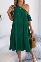 Solid Color Loose Slash Neck Short-sleeved Casual Midi Dress