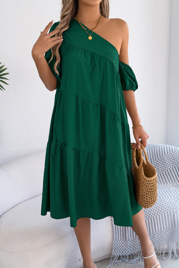 Solid Color Loose Slash Neck Short-sleeved Casual Midi Dress