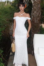 Lace Off Shoulder Sweetheart Ruffle Strap Column Maxi Dress