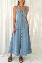 Denim Square Neck Button Front Patch Pocket A-Line Maxi Dress