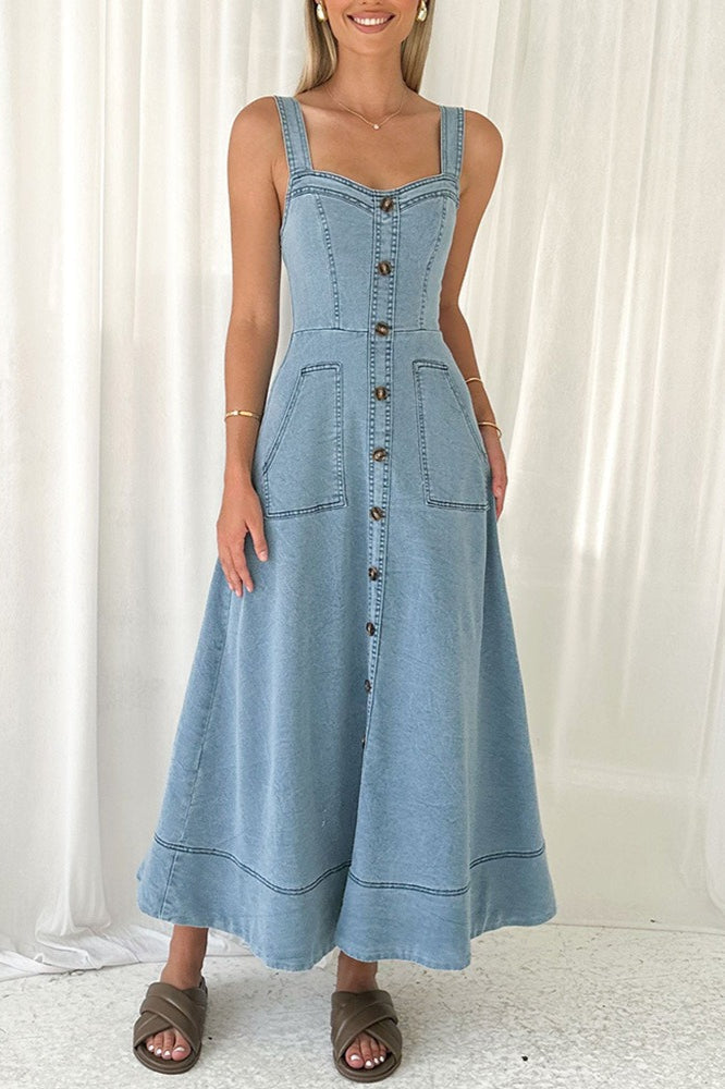 Denim Square Neck Button Front Patch Pocket A-Line Maxi Dress