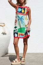 Summer-themed Printed Round Neck Sleeveless Pocket Loose Mini Dress
