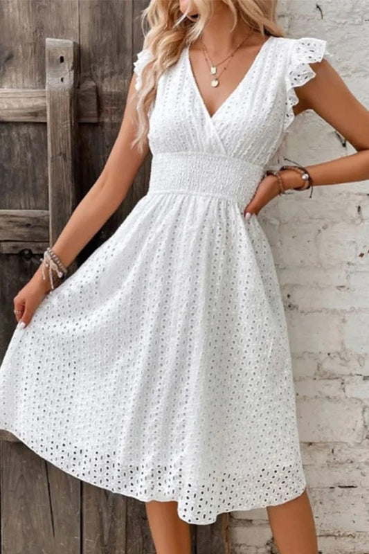 Eyelet Lace V-Neck Ruffle Cap Sleeve Smocked Waist A-Line Midi Dress