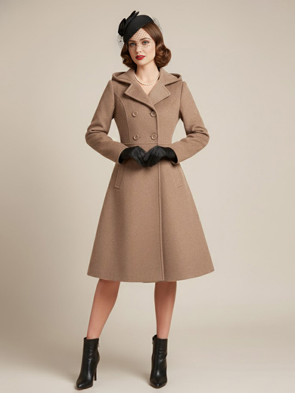 Vintage Hooded A-line Double-breasted Woolen Midi Coat For Women 2026
