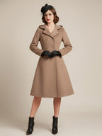 Vintage Hooded A-line Double-breasted Woolen Midi Coat For Women 2026