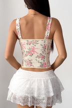 Floral Print Boned Cross Tie Bow Tank Top
