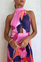Pleated Halter Neck Cut Out Crisscross Bodice Abstract Floral Print Maxi Dress