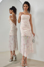 Pink Spaghetti Strap Square Neck Ruched Mesh Sheer Overlay Watercolor Floral Midi Dress