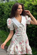Oversized Collar Puff Sleeve Pearl Button Ruffle Tier Hem Floral Print Mini Dress