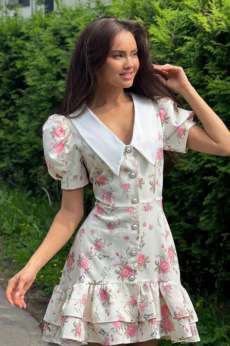 Oversized Collar Puff Sleeve Pearl Button Ruffle Tier Hem Floral Print Mini Dress