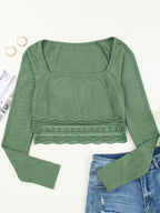 Solid Color Lace Hem Square Neck Crop Long Sleeve Knit