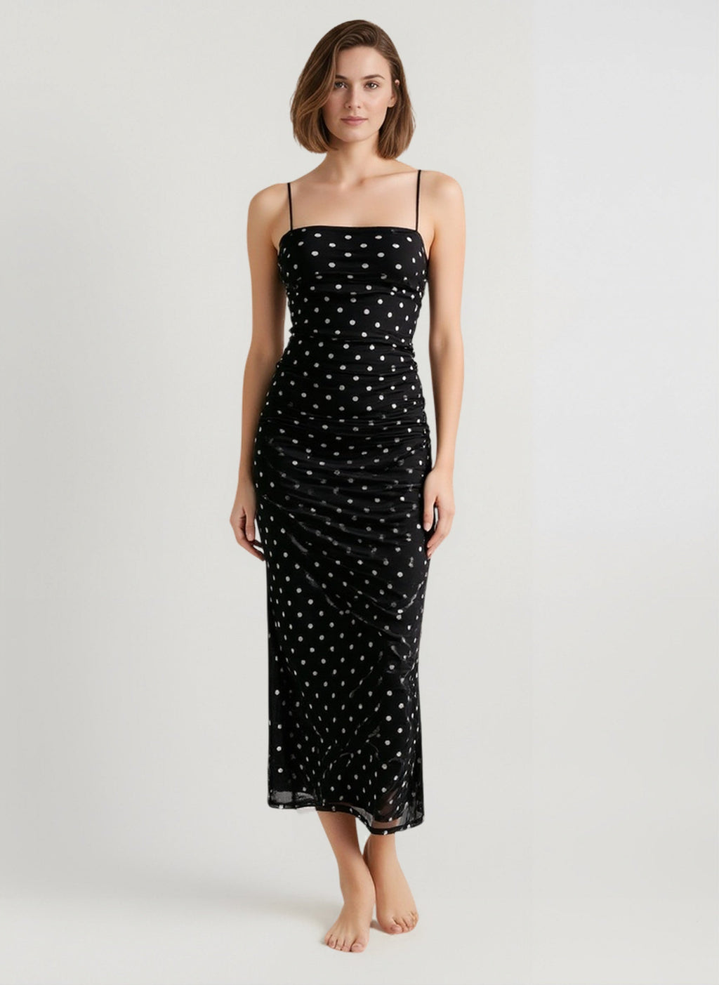 Polka Dot Spaghetti Strap Square Neck Ruched Side Bodycon Midi Dress
