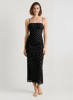 Polka Dot Spaghetti Strap Square Neck Ruched Side Bodycon Midi Dress