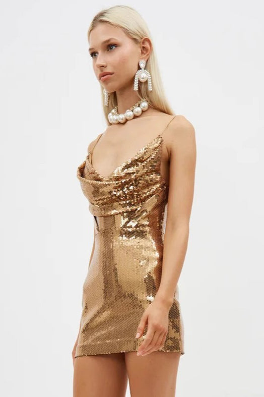 Golden Deep V Neck Spaghetti Strap Sequin Mini Dress