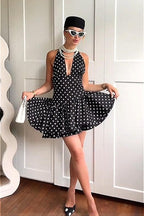 Polka Dot Halter Deep V-Neck Fit and Flare Mini Dress