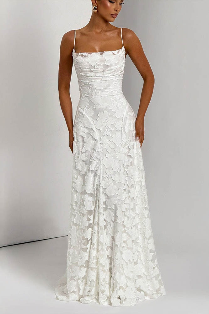 Floral Lace Cross Back Lace Up Open Back A-Line Maxi Gown