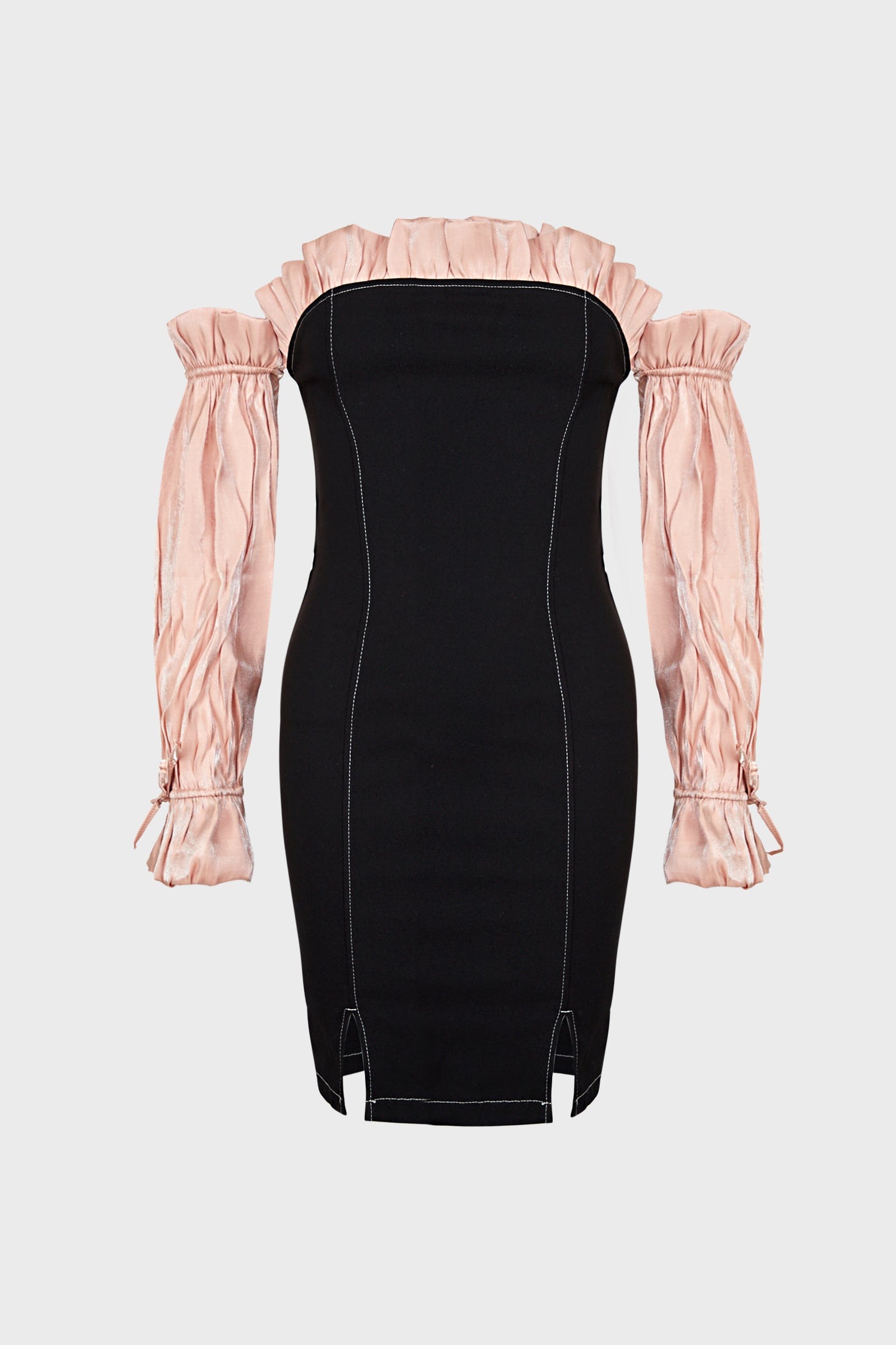 Contrast Stitch Off Shoulder Balloon Sleeve Bodycon Mini Dress