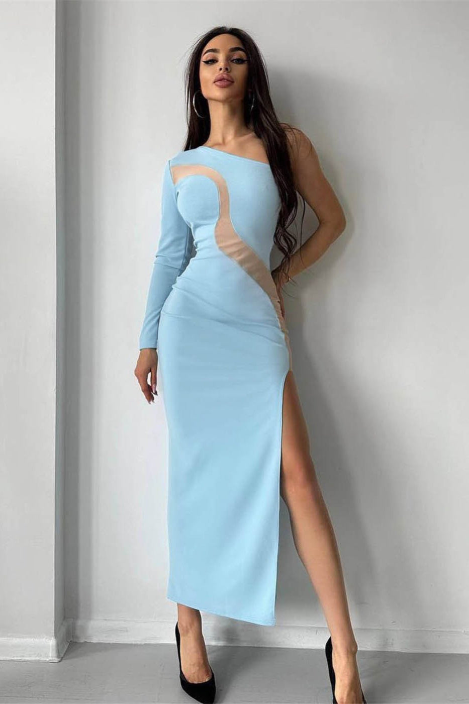 One Shoulder Mesh Panel Curve Cut Out Bodycon Mini Dress