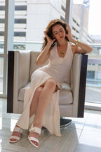 Knit Halter Neck Deep V-Neck Floral Rosette High Split Maxi Sweater Dress