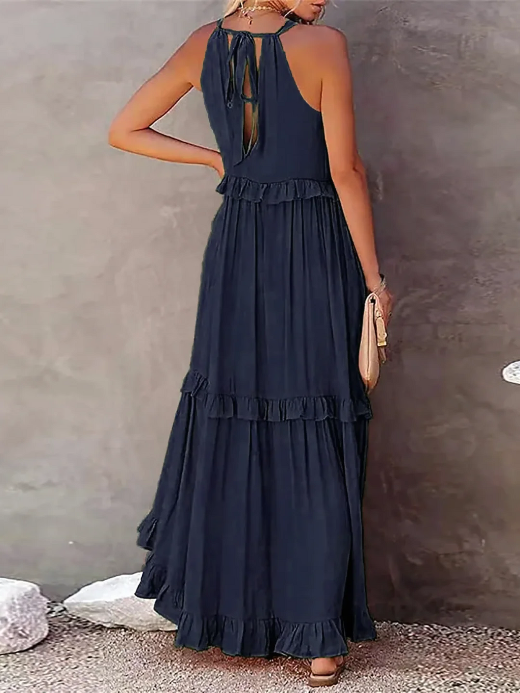 High Neck Smocked Halter Sleeveless Tiered Ruffle Maxi Dress