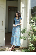 Floral Print Ruffle Trim V-Neck Cap Sleeve Fit and Flare Maxi Summer Dress
