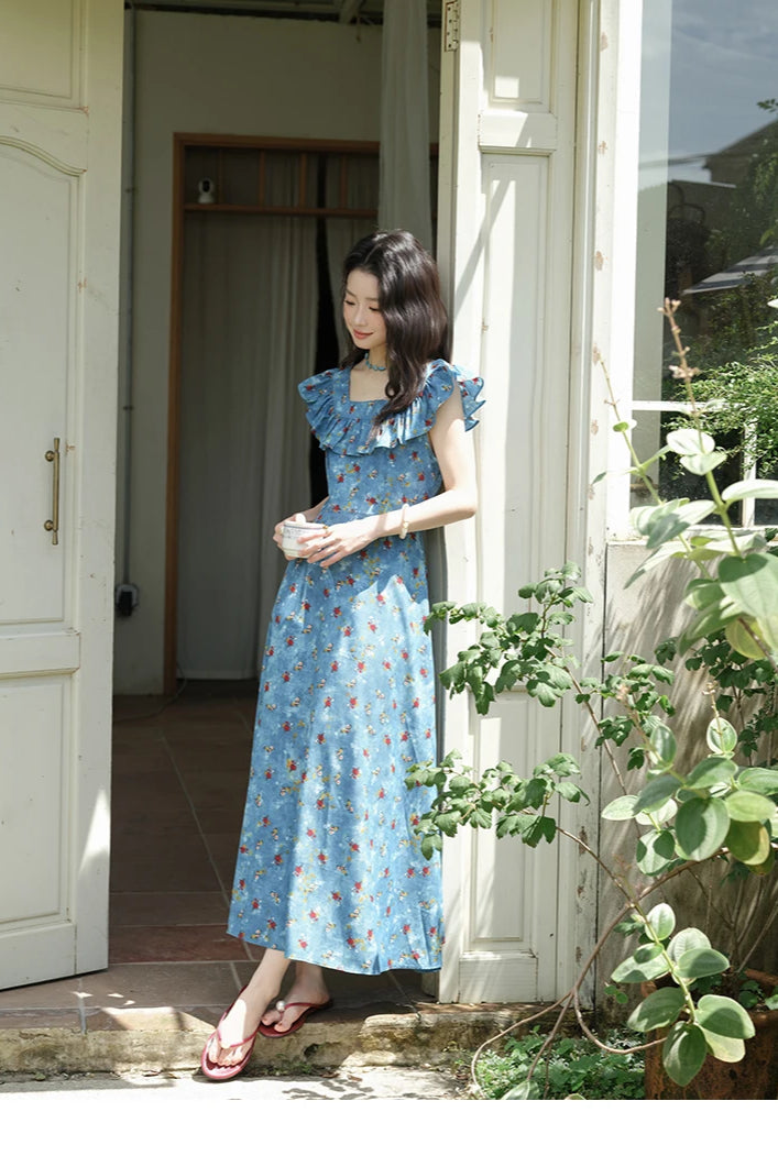 Floral Print Ruffle Trim V-Neck Cap Sleeve Fit and Flare Maxi Summer Dress