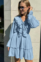 Ruffled Deep V-Neck Long Sleeve Ruffle Cuff Tiered Mini Dress