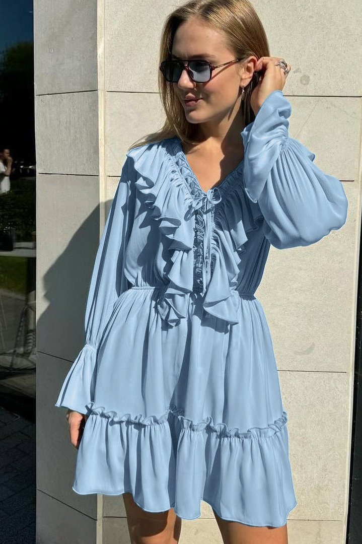 Ruffled Deep V-Neck Long Sleeve Ruffle Cuff Tiered Mini Dress