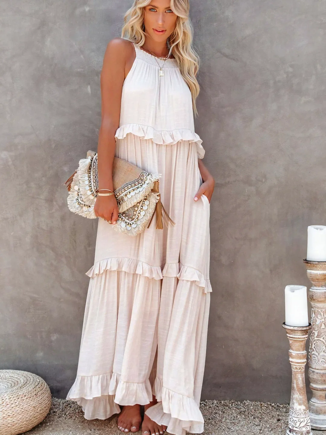 High Neck Smocked Halter Sleeveless Tiered Ruffle Maxi Dress