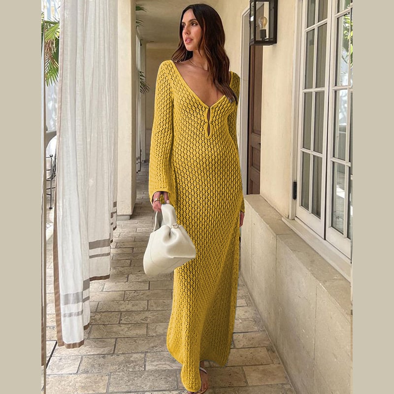 Crochet Deep V-Neck Bell Sleeve Open Knit Maxi Dress
