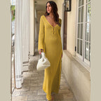 Crochet Deep V-Neck Bell Sleeve Open Knit Maxi Dress