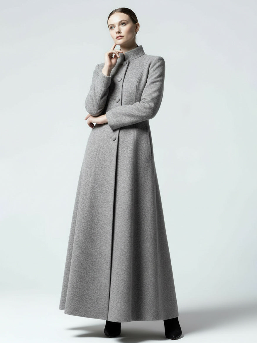 Maxi Wool Blend A-Line Coat with Stand Collar For Women 2026