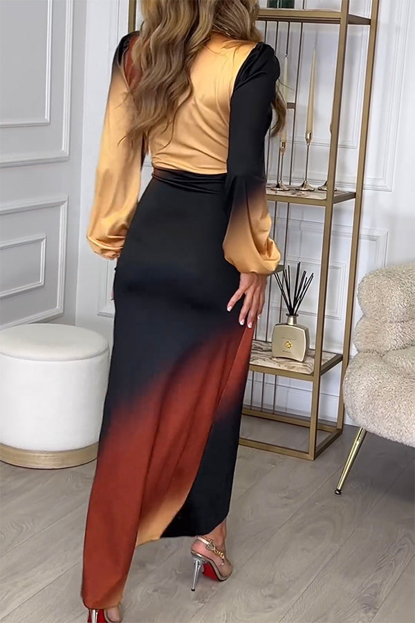 Wrap Front Deep V-Neck Puff Sleeve Draped Gradient Print High Low Slit Maxi Dress