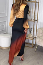 Wrap Front Deep V-Neck Puff Sleeve Draped Gradient Print High Low Slit Maxi Dress