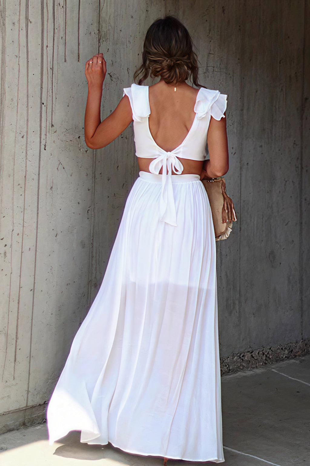 Deep V Neck Ruffle Strap Wood Ring Cutout Tiered Maxi Dress