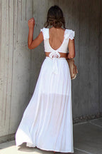 Deep V Neck Ruffle Strap Wood Ring Cutout Tiered Maxi Dress