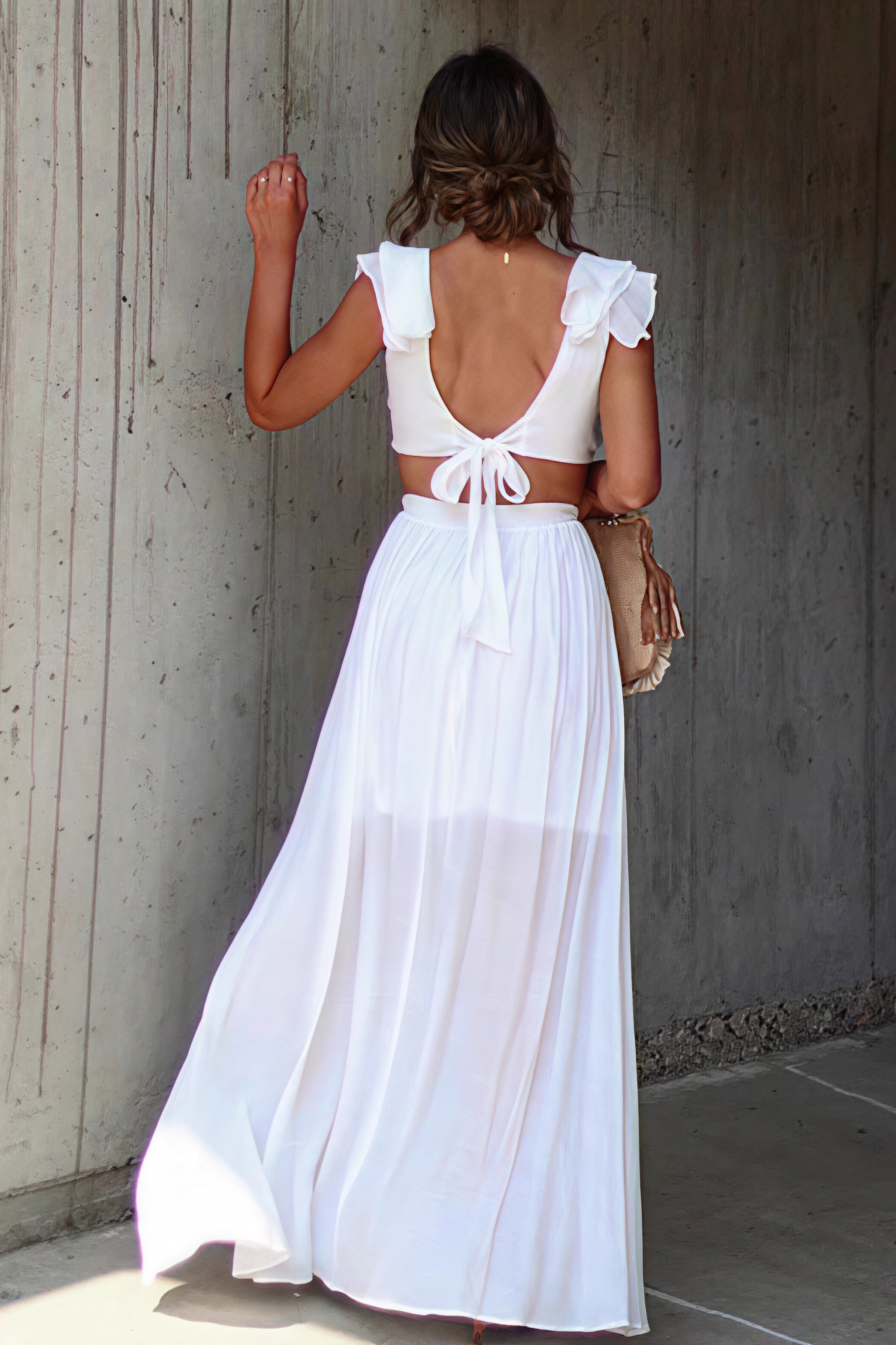 Deep V Neck Ruffle Strap Wood Ring Cutout Tiered Maxi Dress