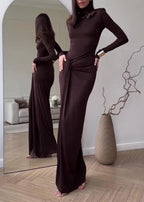 Mock Neck Long Sleeve Hip Knot Drape Panel Bodycon Maxi Dress