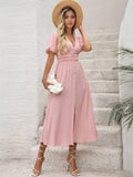 Pastel Pink Midi Tea Dress for Women - Puff Sleeve Ruched Bust Button Front High Waist Flare Dress - Summer Vacation 2026