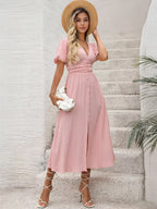 Pastel Pink Midi Tea Dress for Women - Puff Sleeve Ruched Bust Button Front High Waist Flare Dress - Summer Vacation 2026