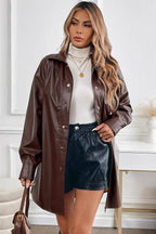 Mid-Length Windproof PU Belted Coat