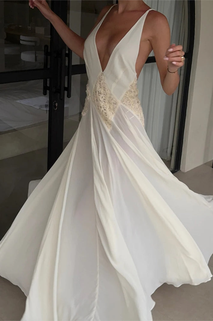White Backless V-Neck Dress