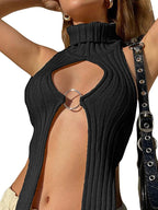 Cutout Metal Ring Slit Backless Knit Tank Top