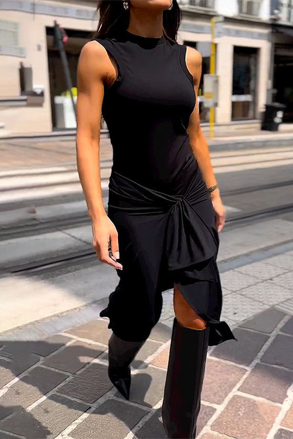 Mock Neck Twist Front Side Slit Sleeveless Midi Dress
