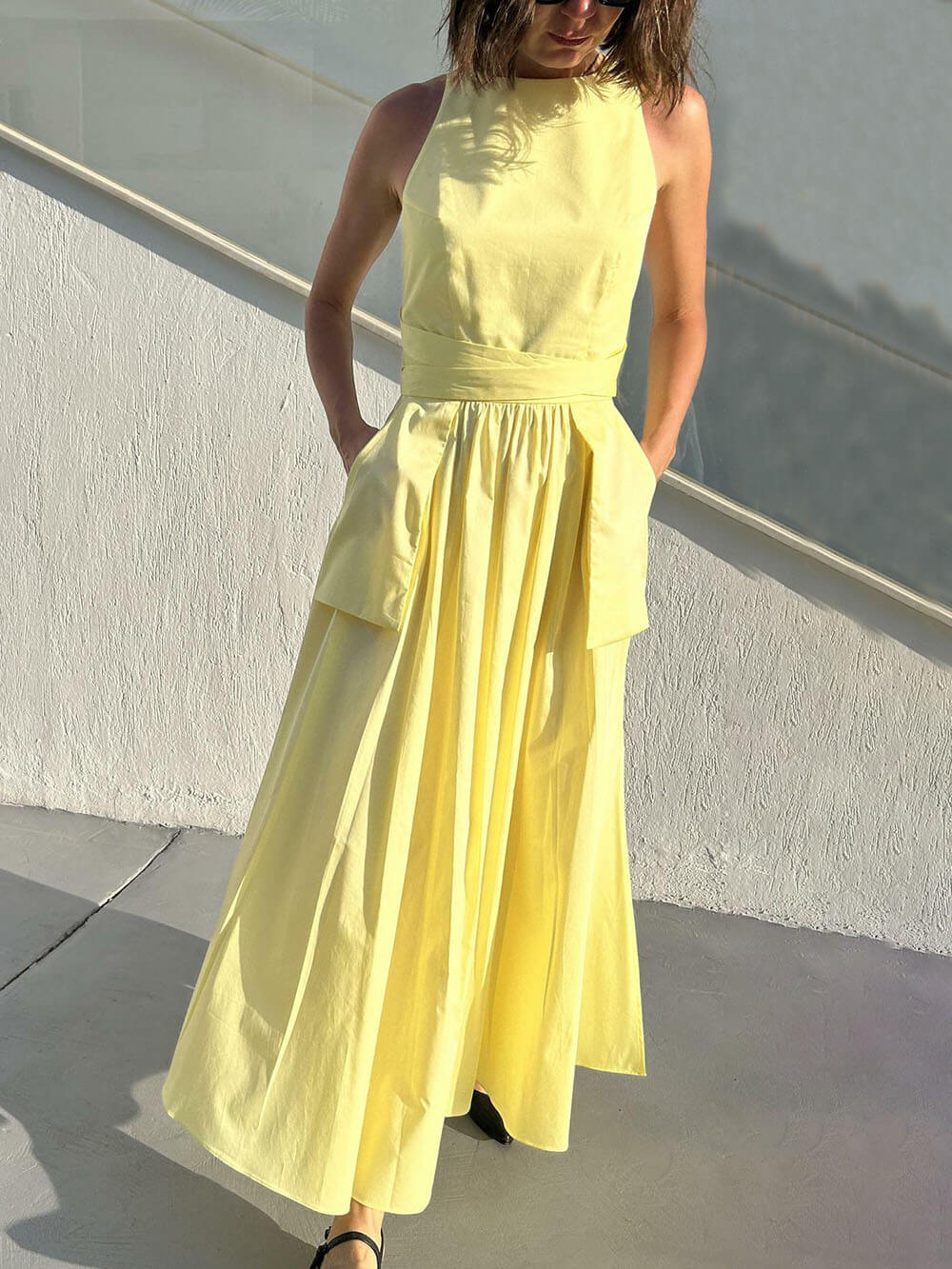 Square Neck Spaghetti Strap Tie Waist Pocket Maxi Dress