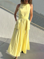 Square Neck Spaghetti Strap Tie Waist Pocket Maxi Dress
