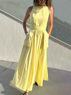 Square Neck Spaghetti Strap Tie Waist Pocket Maxi Dress