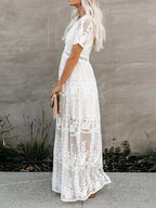White Lace Boho Maxi Dress for Women - V Neck Short Sleeve Sheer Long Dress - Summer Beach Bridal Resort Wear 2026