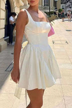 Square Neck Corset Basque Waist Bow Back Pleated Mini Dress