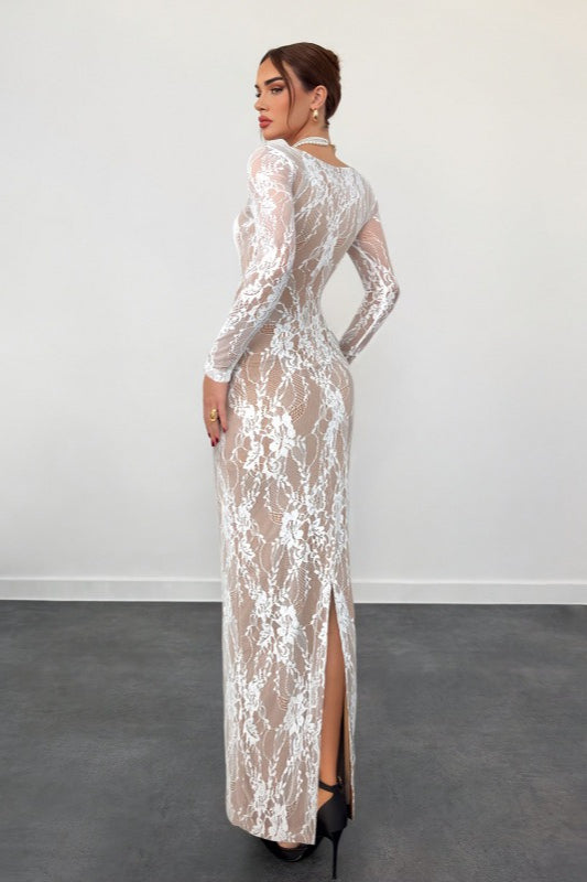 Lace Corset Square Neck Long Sleeve Bodycon Midi Dress